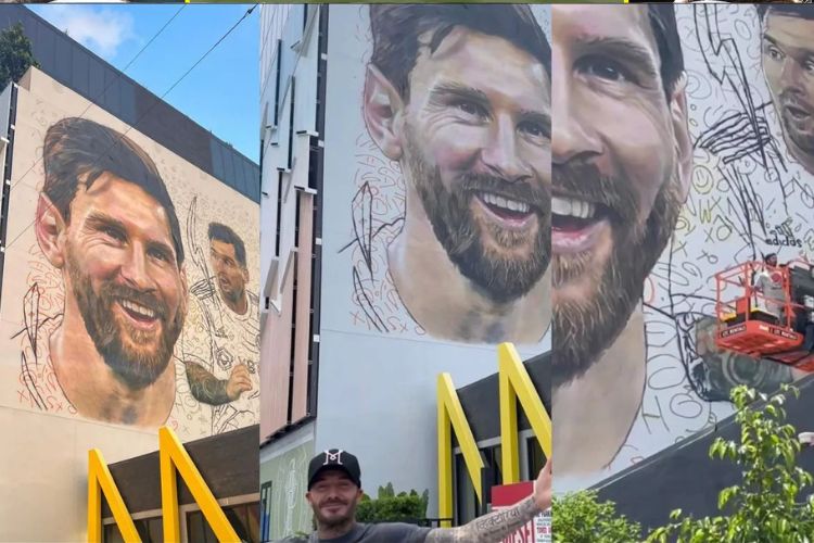 David Beckham whitens teeth of Lionel Messi's gigantic mural