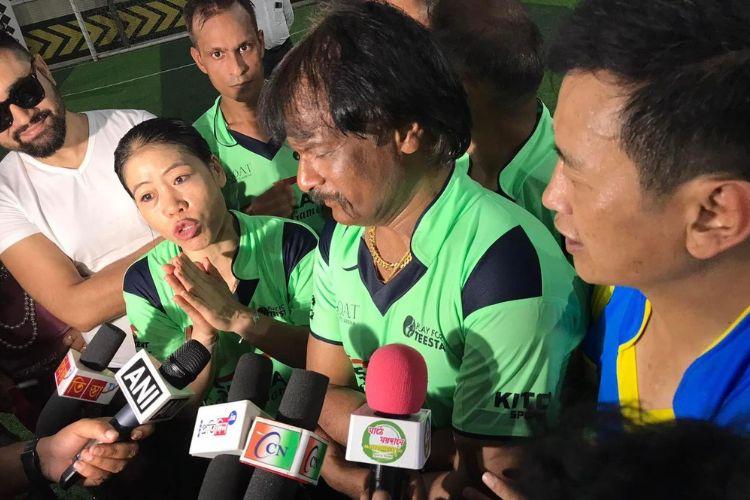 Mary Kom plays football in a Bhaichung-initiated charity match for ‘Teesta victims’