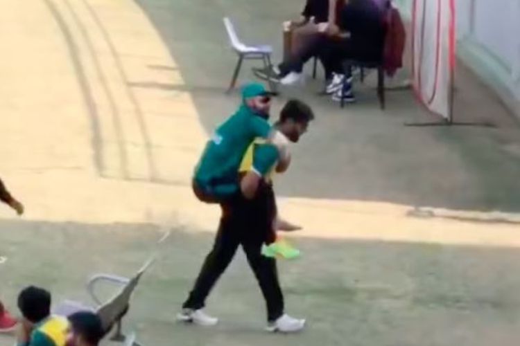 Shadab Khan stretched off the field, amazingly without a stretcher national T-20