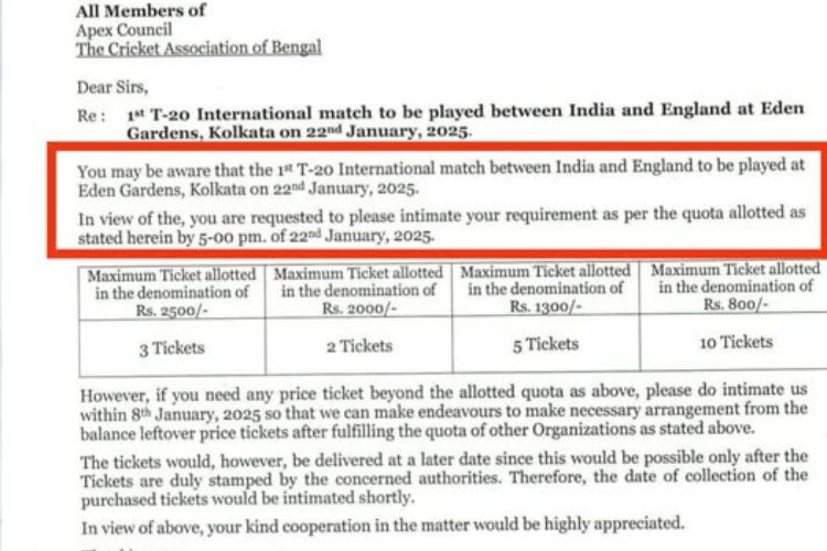 CAB to issue tickets of T-20 International at Eden Gardens for its Apex Council Members on the match day!